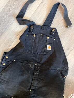 Vintage Carhartt R02 Black Quilt-Lined Duck Canvas Double Knee Overalls - Distre